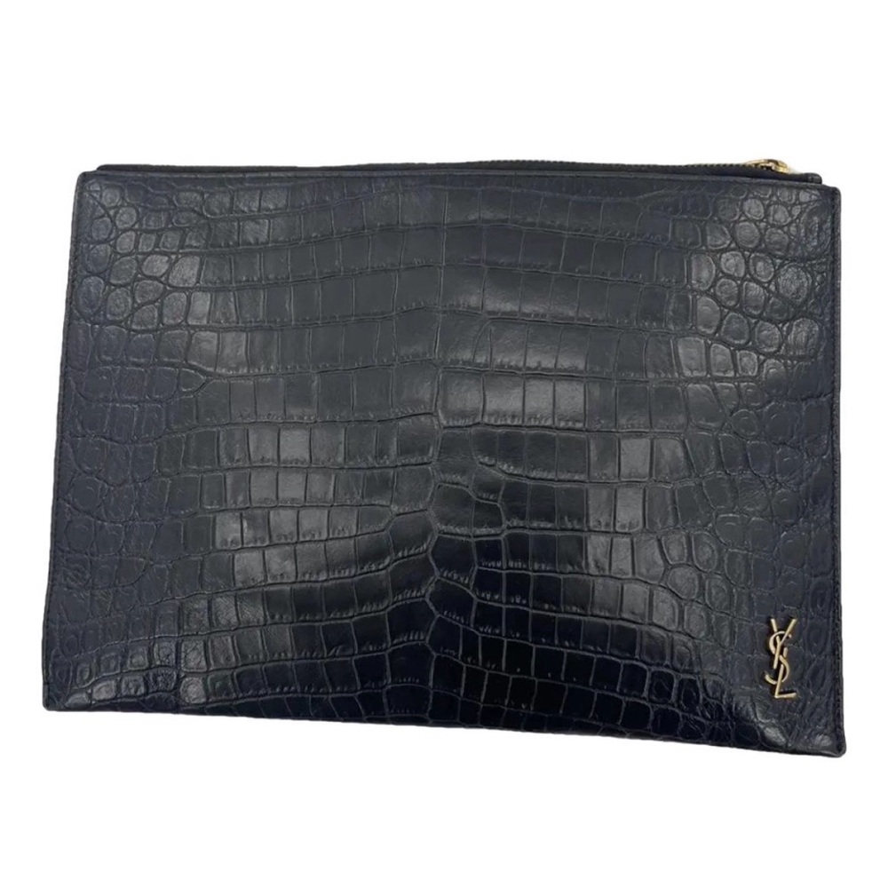 Saint Laurent Dark Crocodile Embossed Pouch Clutch Bag